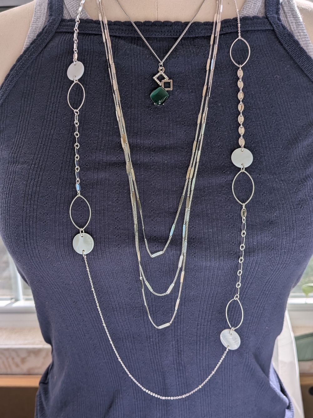 Lot of 3 Silver Tone Necklaces Green Stone Geometric Shell Discs Multi Layer